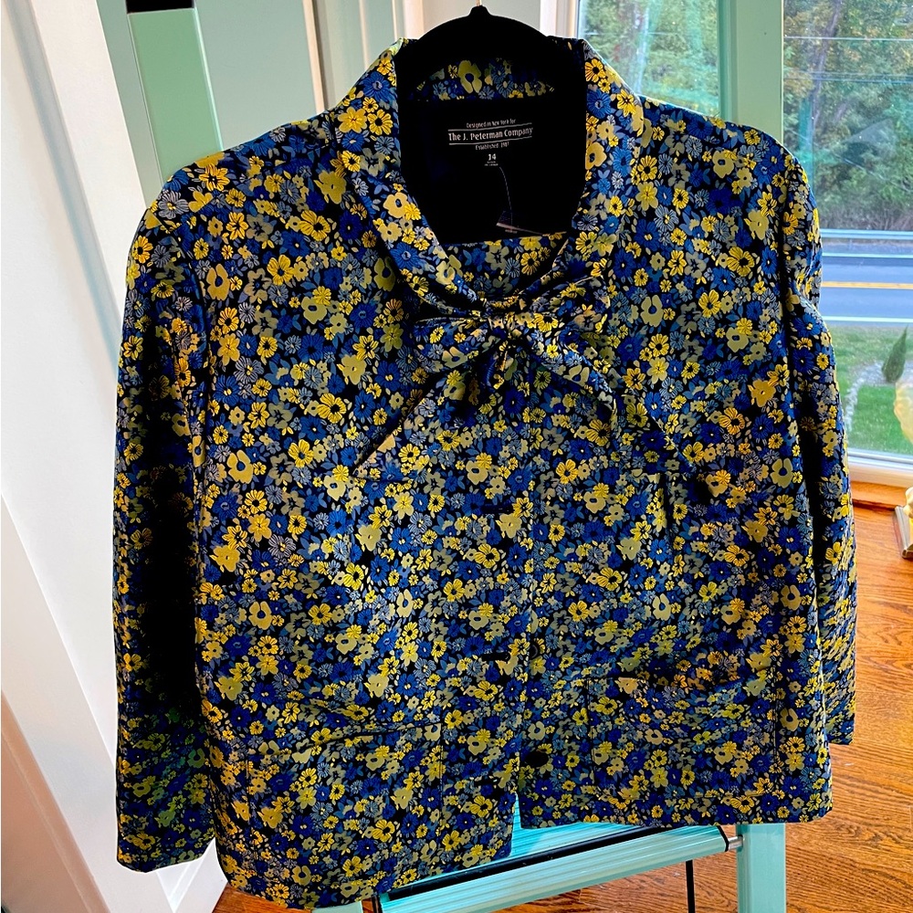 J. Peterman blue and yellow flowered women’s suit.